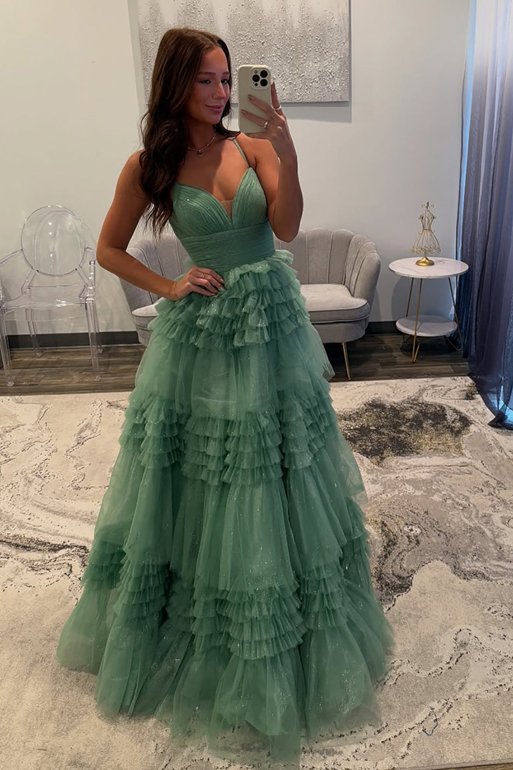 Princess Long Prom Dress with Sparkly Black Spaghetti Straps and Tiered Tulle A-Line