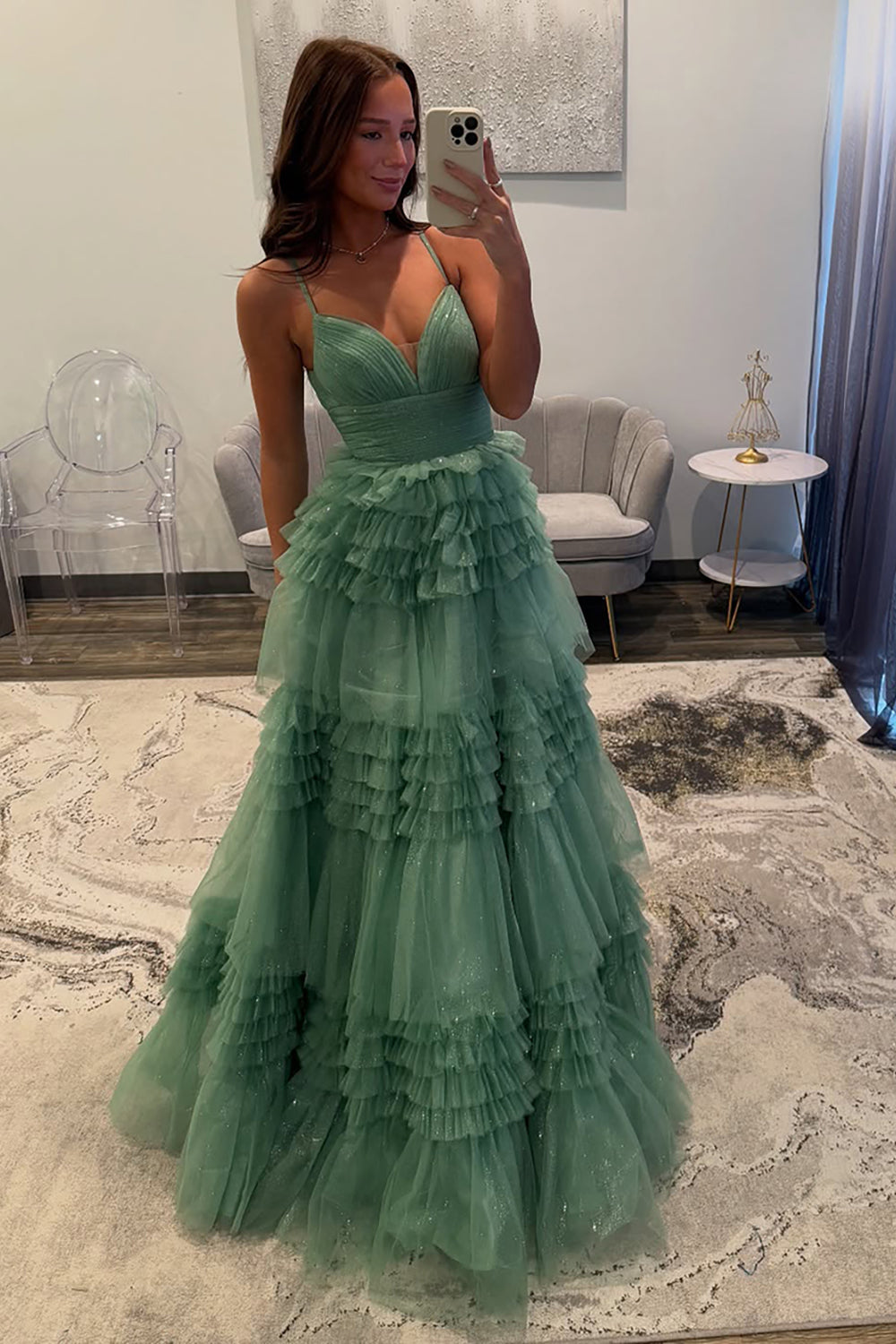 Princess Long Prom Dress with Sparkly Black Spaghetti Straps and Tiered Tulle A-Line