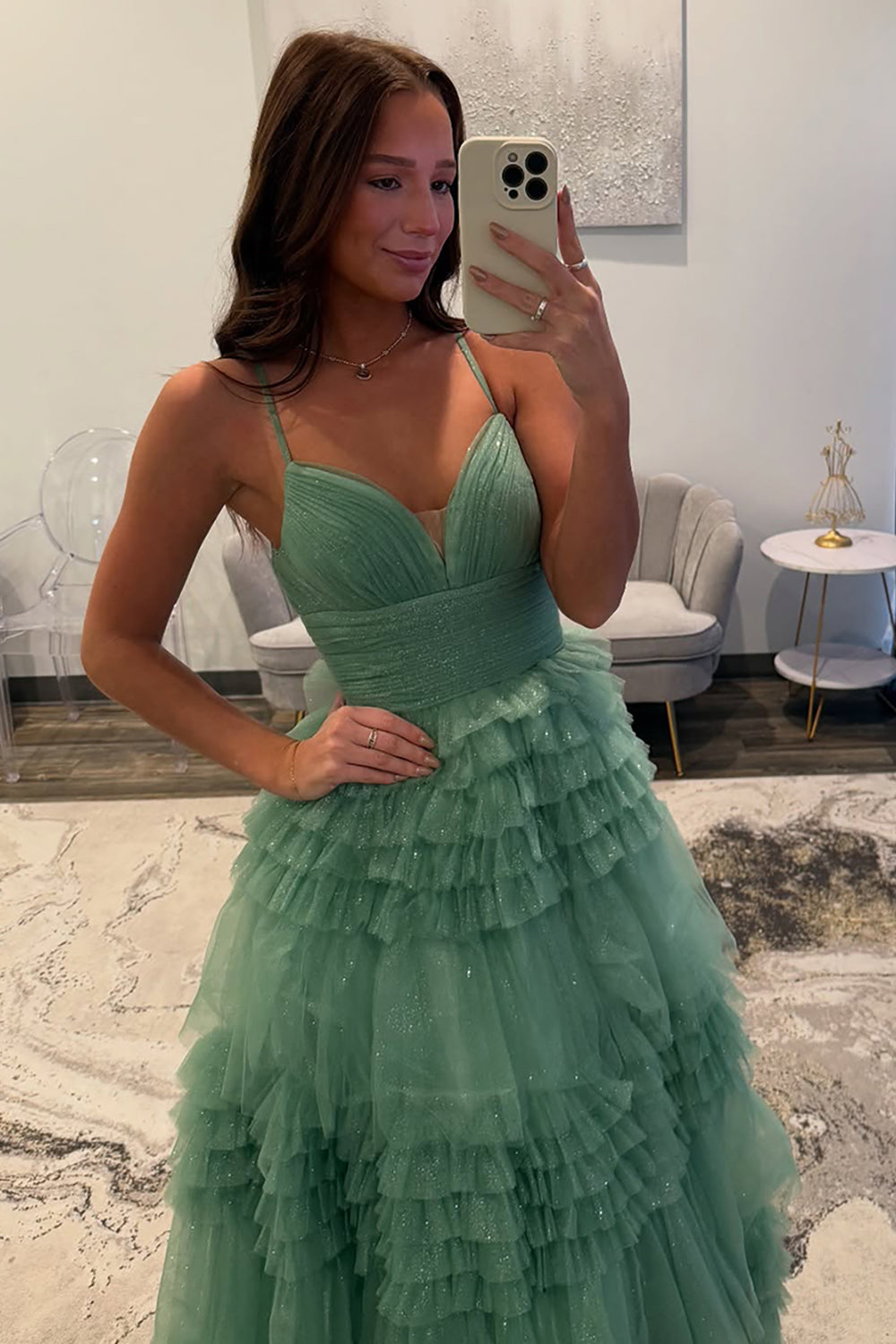 Princess Long Prom Dress with Sparkly Black Spaghetti Straps and Tiered Tulle A-Line