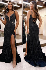 Long Beaded Mermaid Prom Dress with Sparkly Blue Spaghetti Straps and Slit