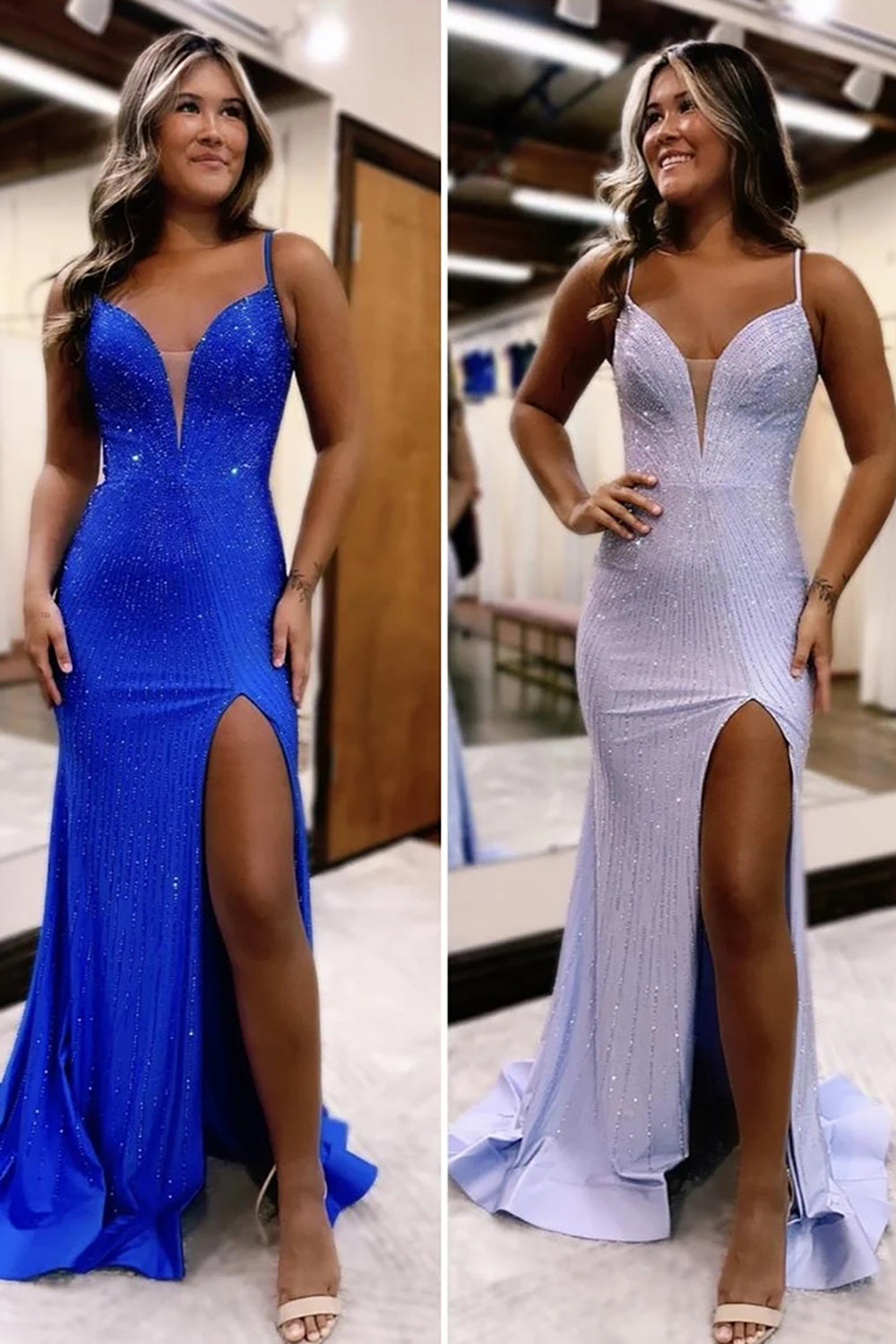 Long Beaded Mermaid Prom Dress with Sparkly Blue Spaghetti Straps and Slit