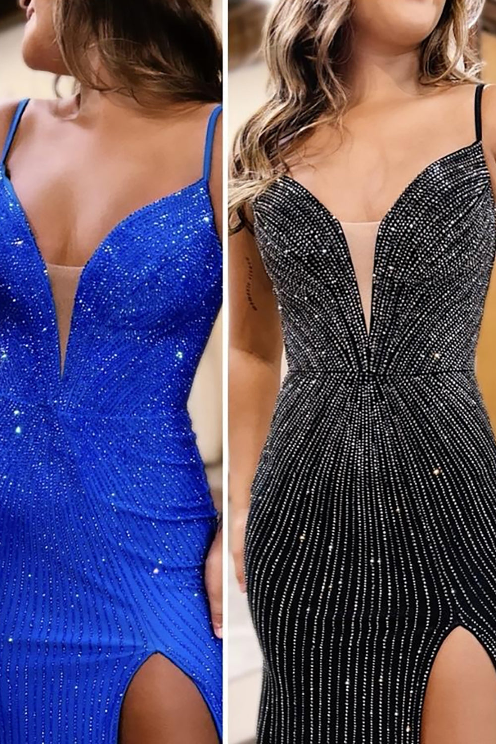 Long Beaded Mermaid Prom Dress with Sparkly Blue Spaghetti Straps and Slit
