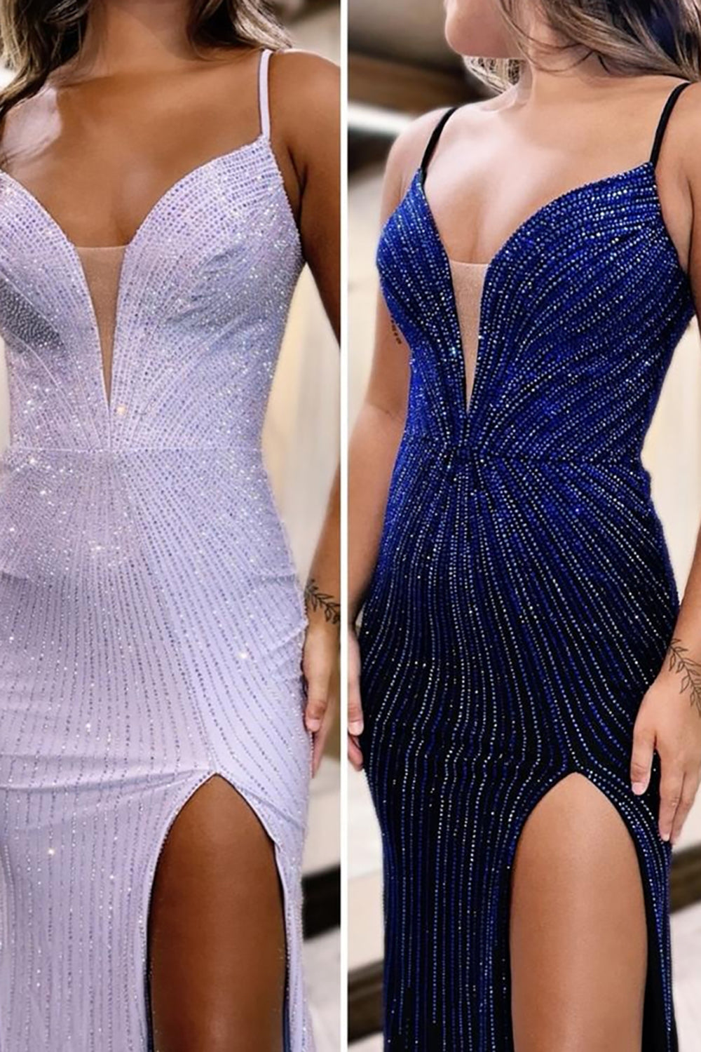 Long Beaded Mermaid Prom Dress with Sparkly Blue Spaghetti Straps and Slit