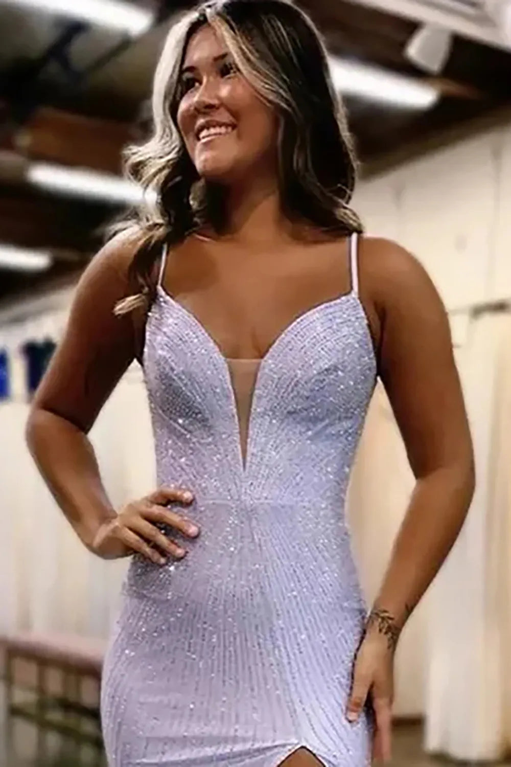 Long Beaded Mermaid Prom Dress with Sparkly Blue Spaghetti Straps and Slit