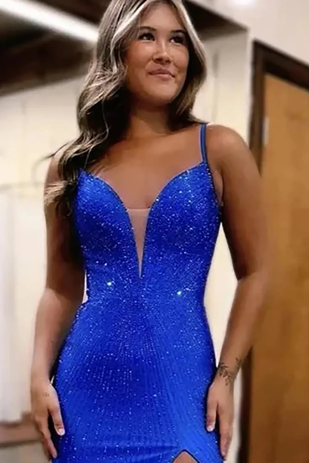 Long Beaded Mermaid Prom Dress with Sparkly Blue Spaghetti Straps and Slit