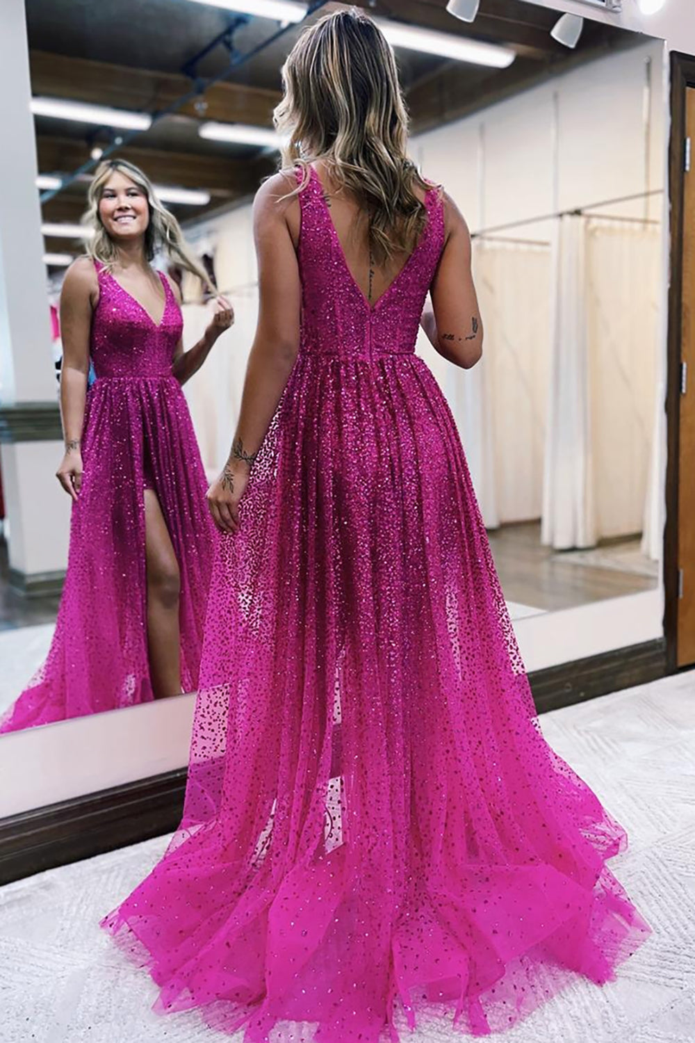 Fuchsia Sequin V-Neck Corset Prom Dress with Sparkly Tulle A-Line and Slit