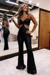 Sequin Black Prom Jumpsuits with Sparkly Spaghetti Straps and Cut-out Design