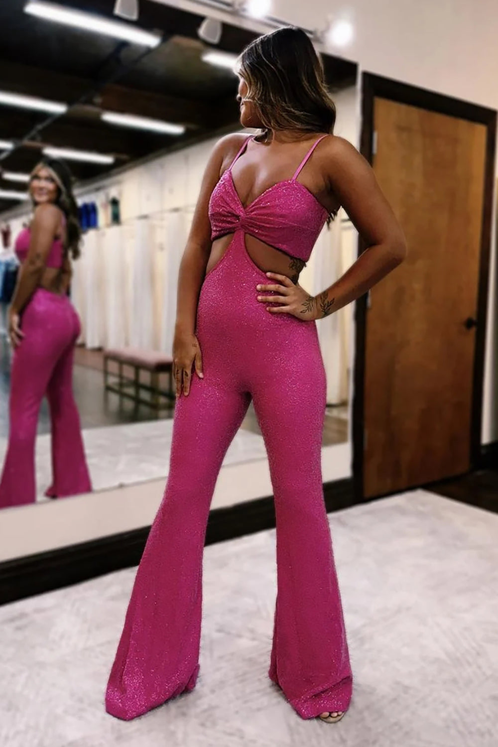 Sequin Black Prom Jumpsuits with Sparkly Spaghetti Straps and Cut-out Design