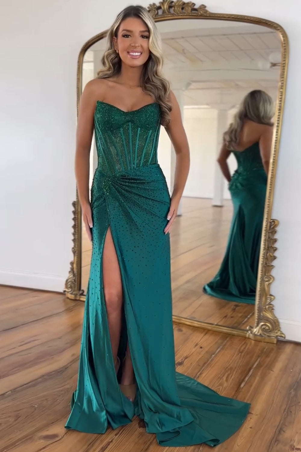 Long Beaded Golden Mermaid Prom Dress with Sparkly Sweetheart Corset and Slit