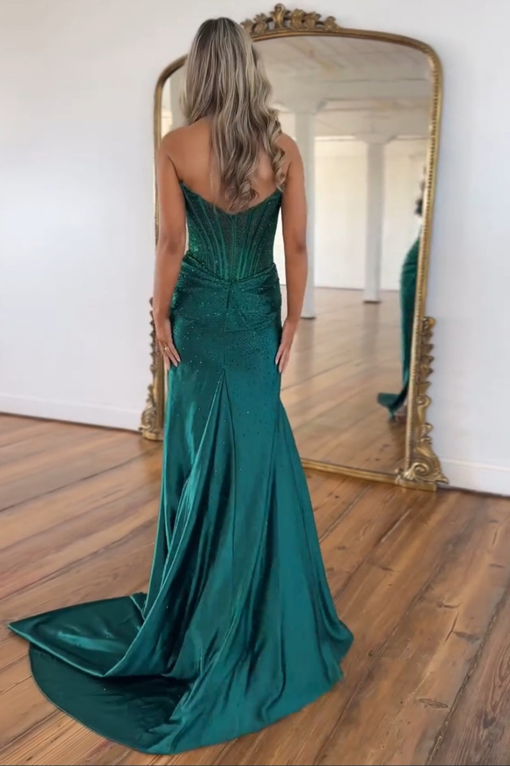 Long Beaded Navy Mermaid Prom Dress with Sparkly Strapless Corset and Slit