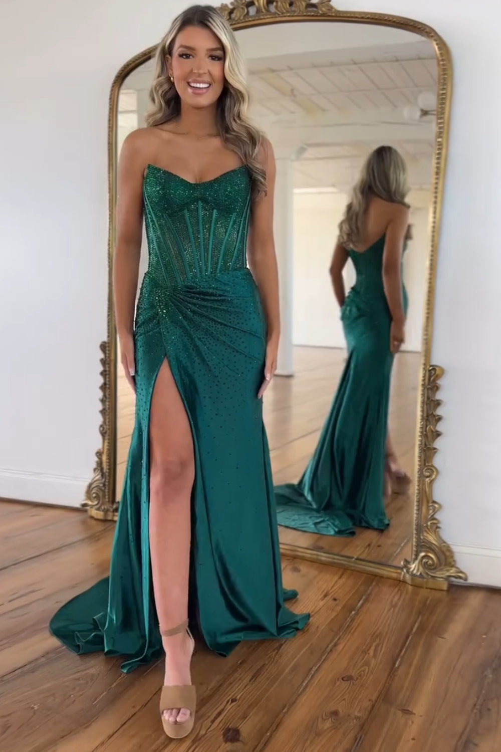 Long Beaded Navy Mermaid Prom Dress with Sparkly Strapless Corset and Slit