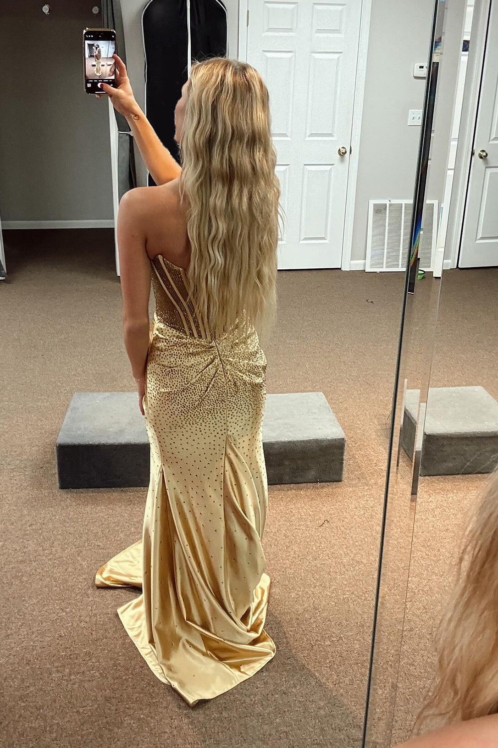 Long Beaded Prom Dress with Sparkly Golden Strapless Corset and Slit