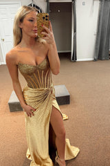 Long Beaded Golden Mermaid Prom Dress with Sparkly Sweetheart Corset and Slit