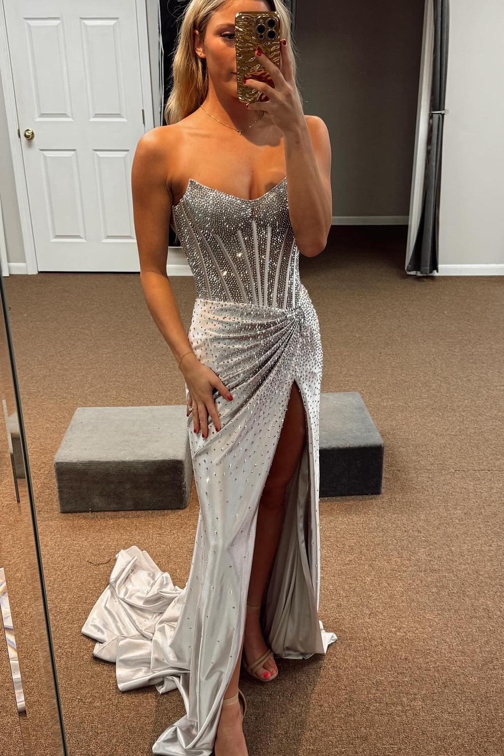 Long Beaded Prom Dress with Sparkly Golden Strapless Corset and Slit