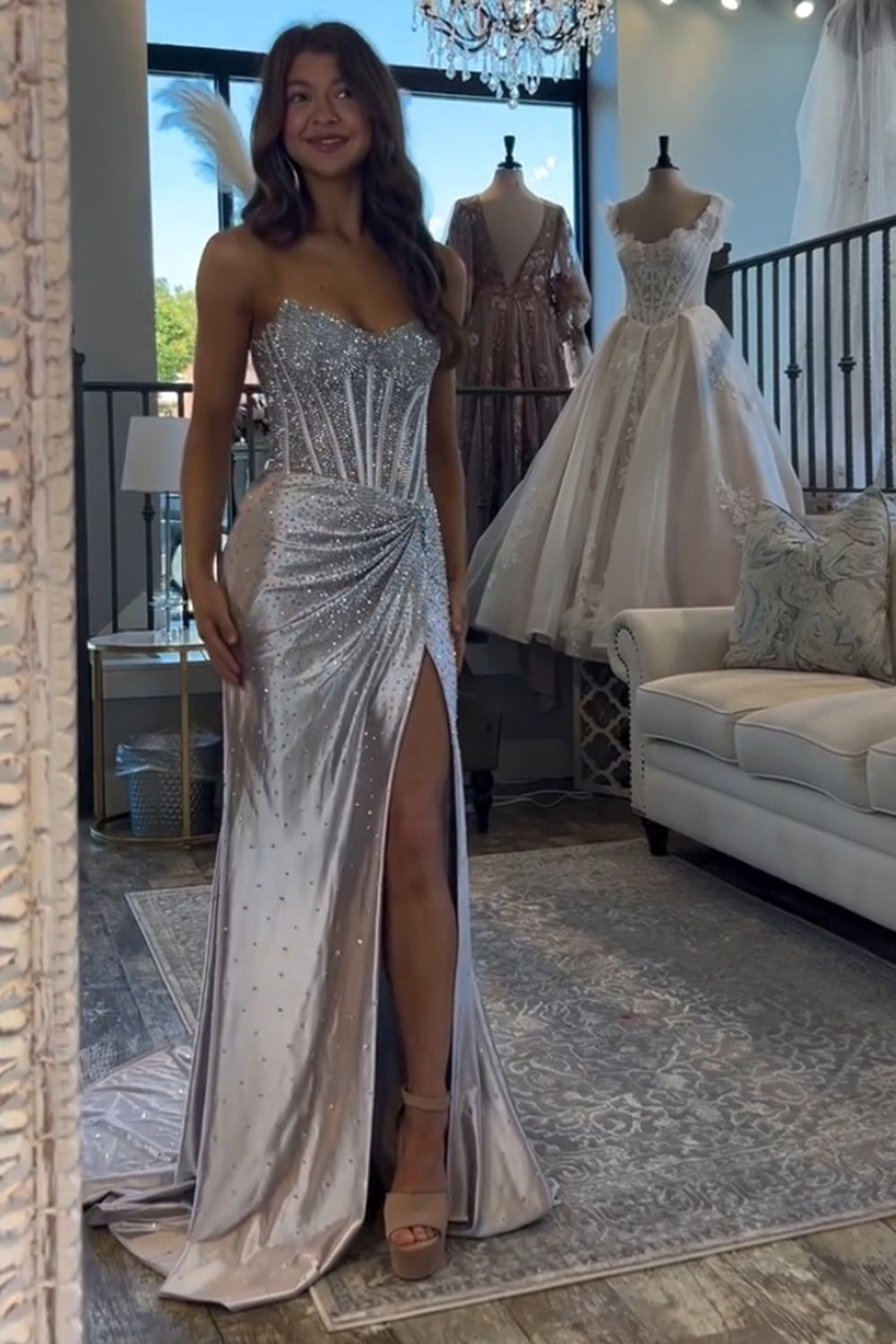 Long Beaded Prom Dress with Sparkly Golden Strapless Corset and Slit