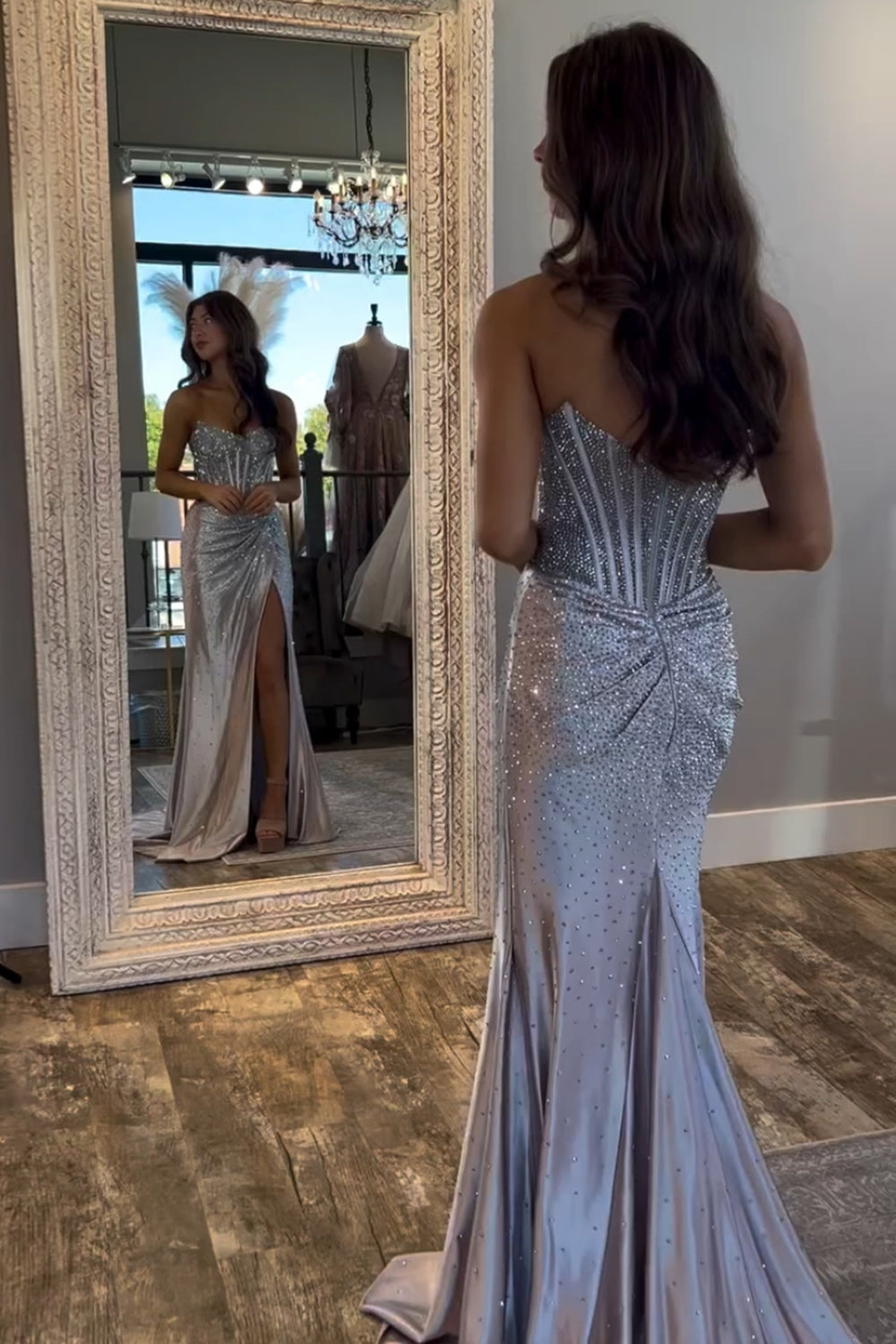 Long Beaded Prom Dress with Sparkly Golden Strapless Corset and Slit
