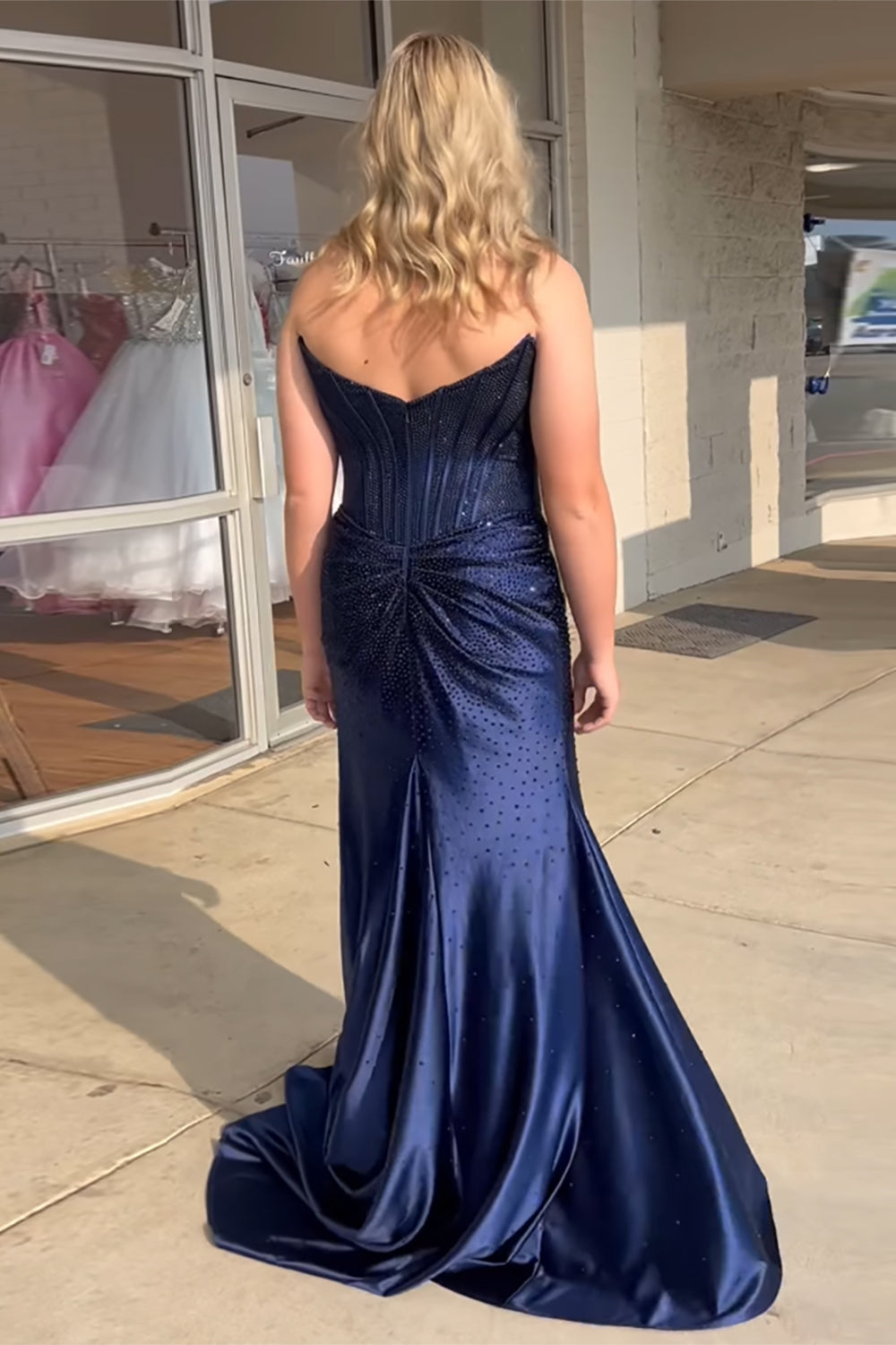 Long Beaded Prom Dress with Sparkly Golden Strapless Corset and Slit