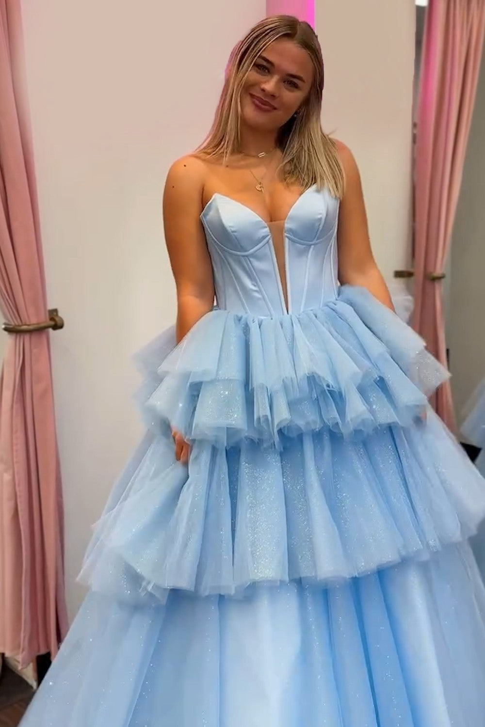 Sweetheart A-Line Prom Dress in Trendy Blue with Tiered Tulle and Corset