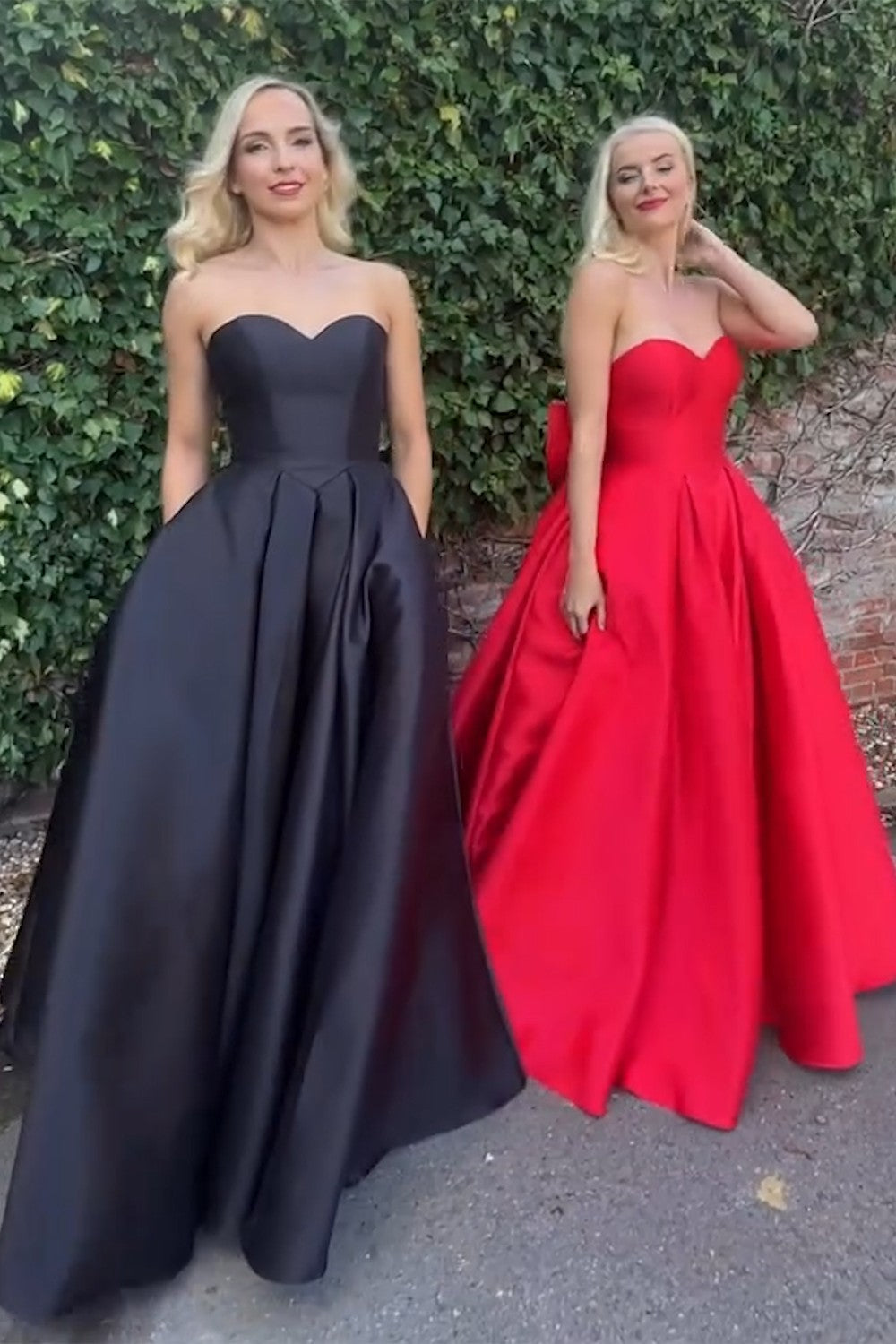 Long Black Satin Prom Dress with Sweetheart Neckline and A-Line Bow