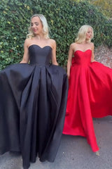 Long Black Satin Prom Dress with Sweetheart Neckline and A-Line Bow