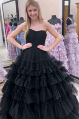Stylish Black Strapless Tiered Tulle Long A-Line Prom Gown