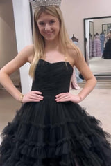 Stylish Black Strapless Tiered Tulle Long A-Line Prom Gown