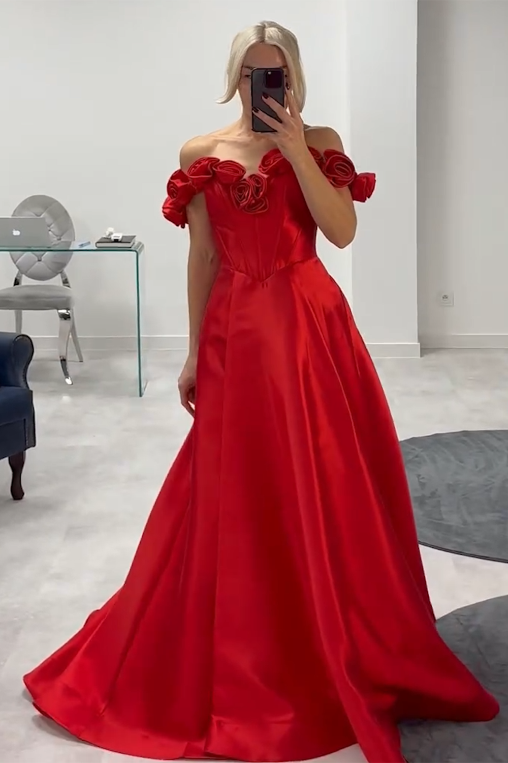 Long Satin Corset Prom Dress with 3D Flowers in Pink Off-the-Shoulder A-Line Style