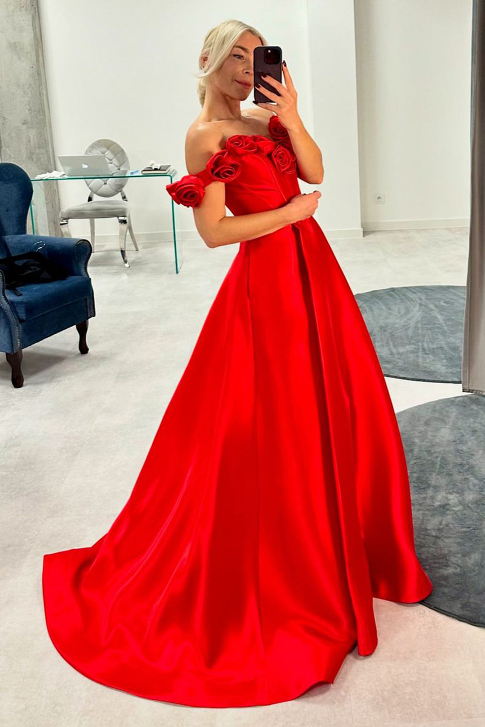 Long Satin Corset Prom Dress with 3D Flowers in Pink Off-the-Shoulder A-Line Style
