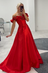 Long Satin Corset Prom Dress with 3D Flowers in Pink Off-the-Shoulder A-Line Style