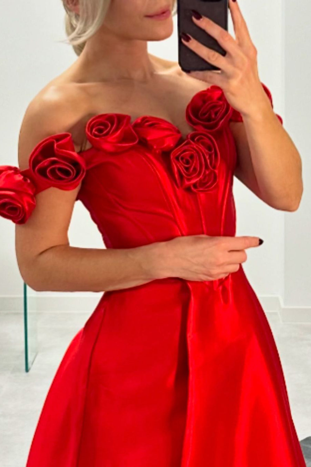 Long Satin Corset Prom Dress with 3D Flowers in Pink Off-the-Shoulder A-Line Style
