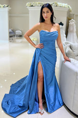 Strapless Long Satin Prom Dress in Blue Mermaid with Ruched Detail and Slit