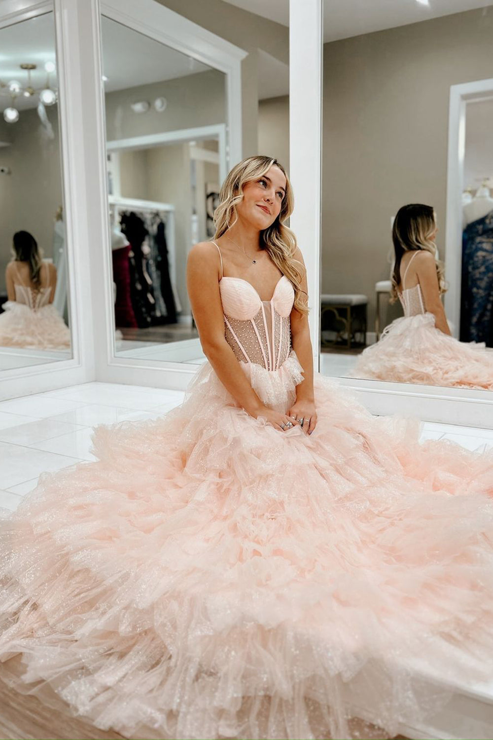 Long A-Line Prom Dress with Sparkly Blush Tulle Tiered Skirt and Beaded Spaghetti Straps