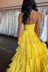 Long A-Line Prom Dress in Sweetheart Chiffon with Tiered Yellow Design