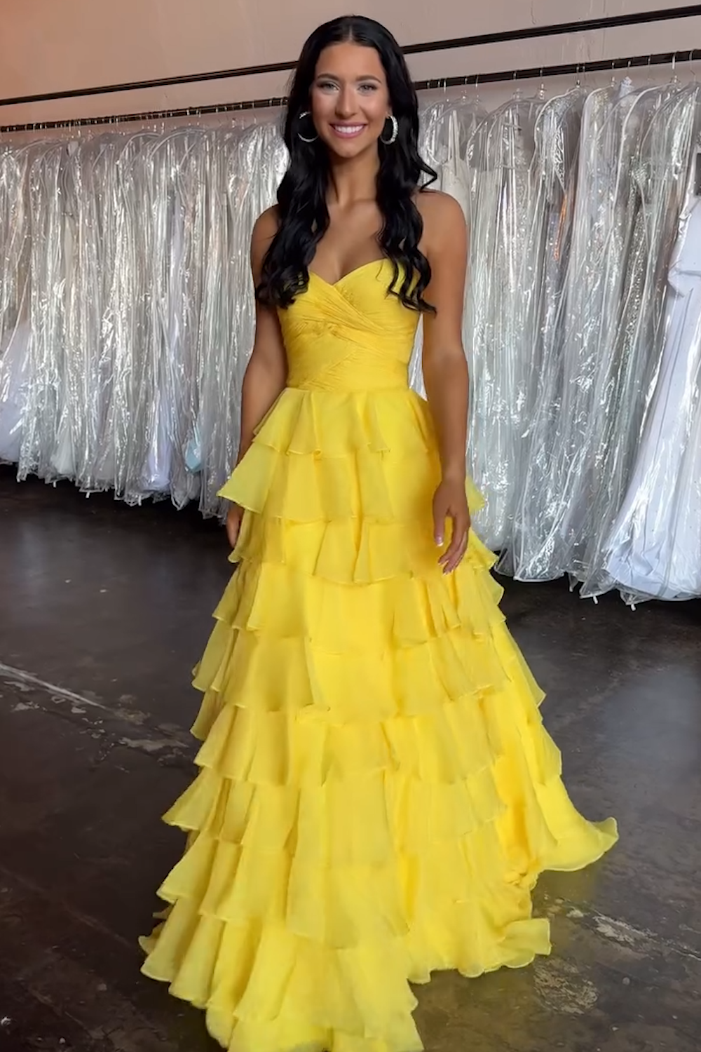 Long A-Line Prom Dress in Sweetheart Chiffon with Tiered Yellow Design