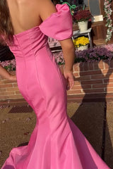 Long Satin Prom Dress with Puff Sleeves in Pink Mermaid Off-the-Shoulder Style