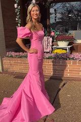 Long Satin Prom Dress with Puff Sleeves in Pink Mermaid Off-the-Shoulder Style