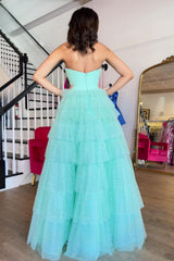 Sweetheart A-Line Long Prom Dress in Sky Blue with Tiered Tulle and Slit