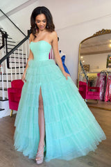 Sweetheart A-Line Long Prom Dress in Sky Blue with Tiered Tulle and Slit