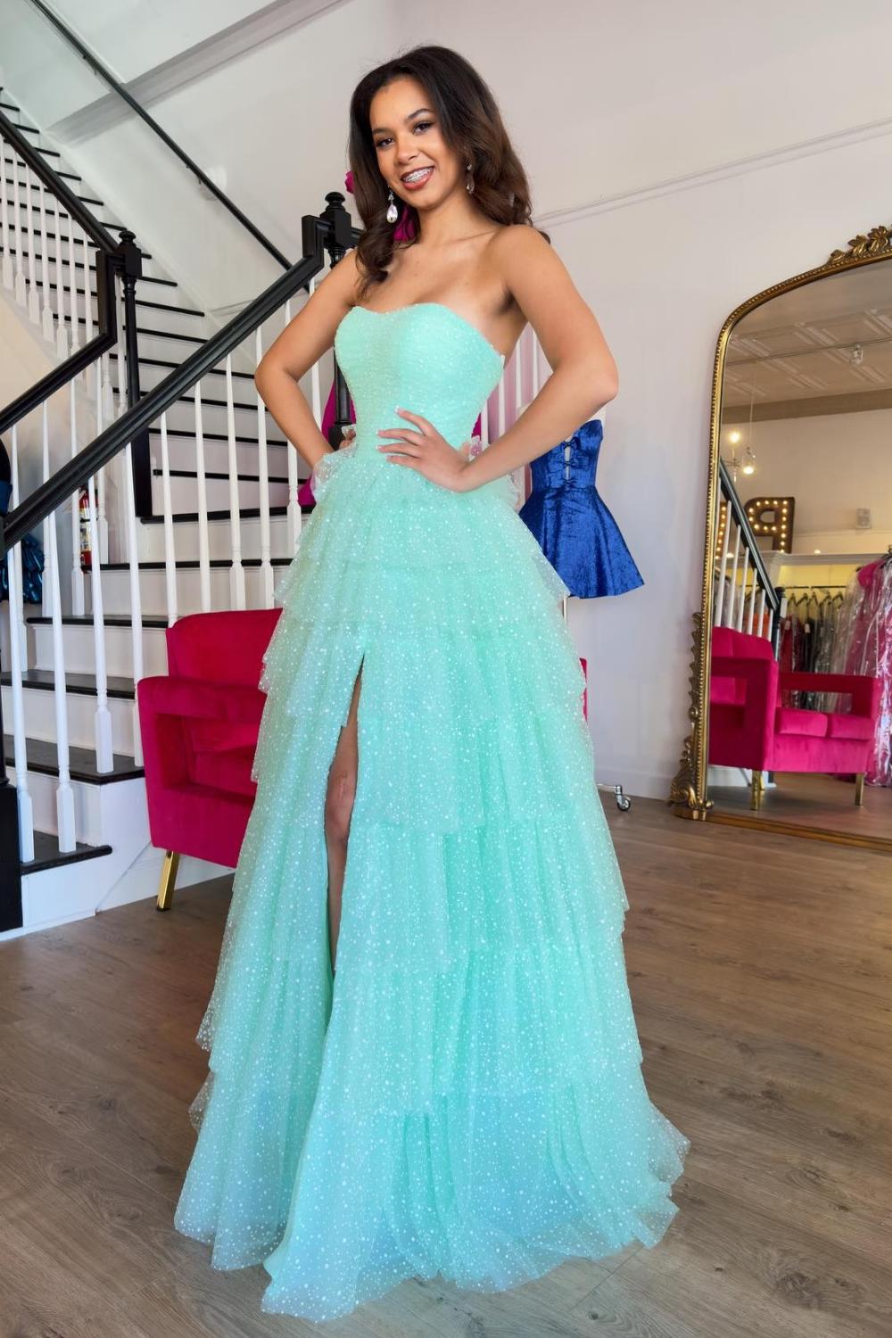 Sweetheart A-Line Long Prom Dress in Sky Blue with Tiered Tulle and Slit