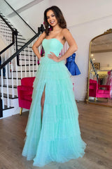 Sweetheart A-Line Long Prom Dress in Sky Blue with Tiered Tulle and Slit