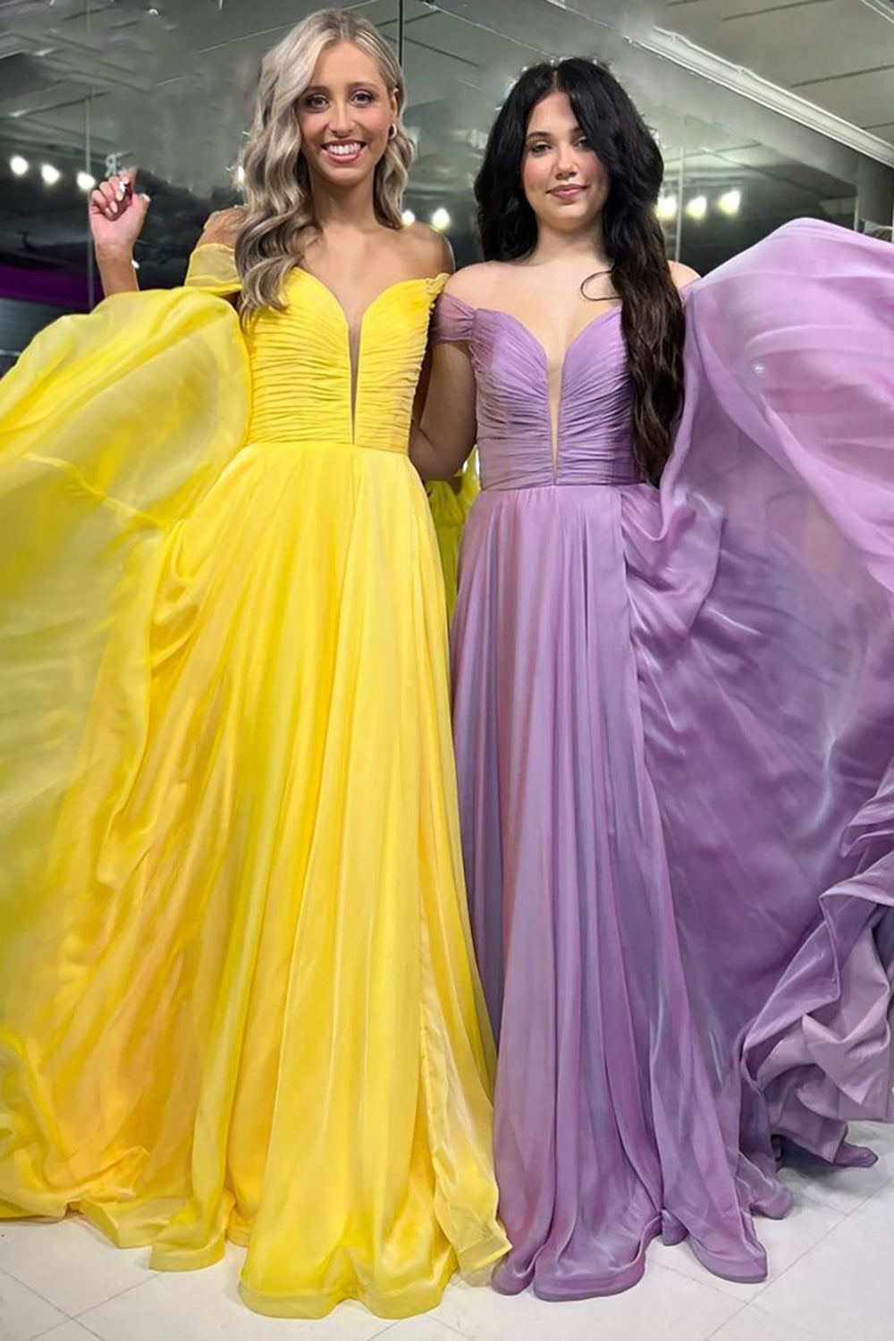 Long A-Line Prom Dress with Ruched Off-Shoulder Design in Yellow