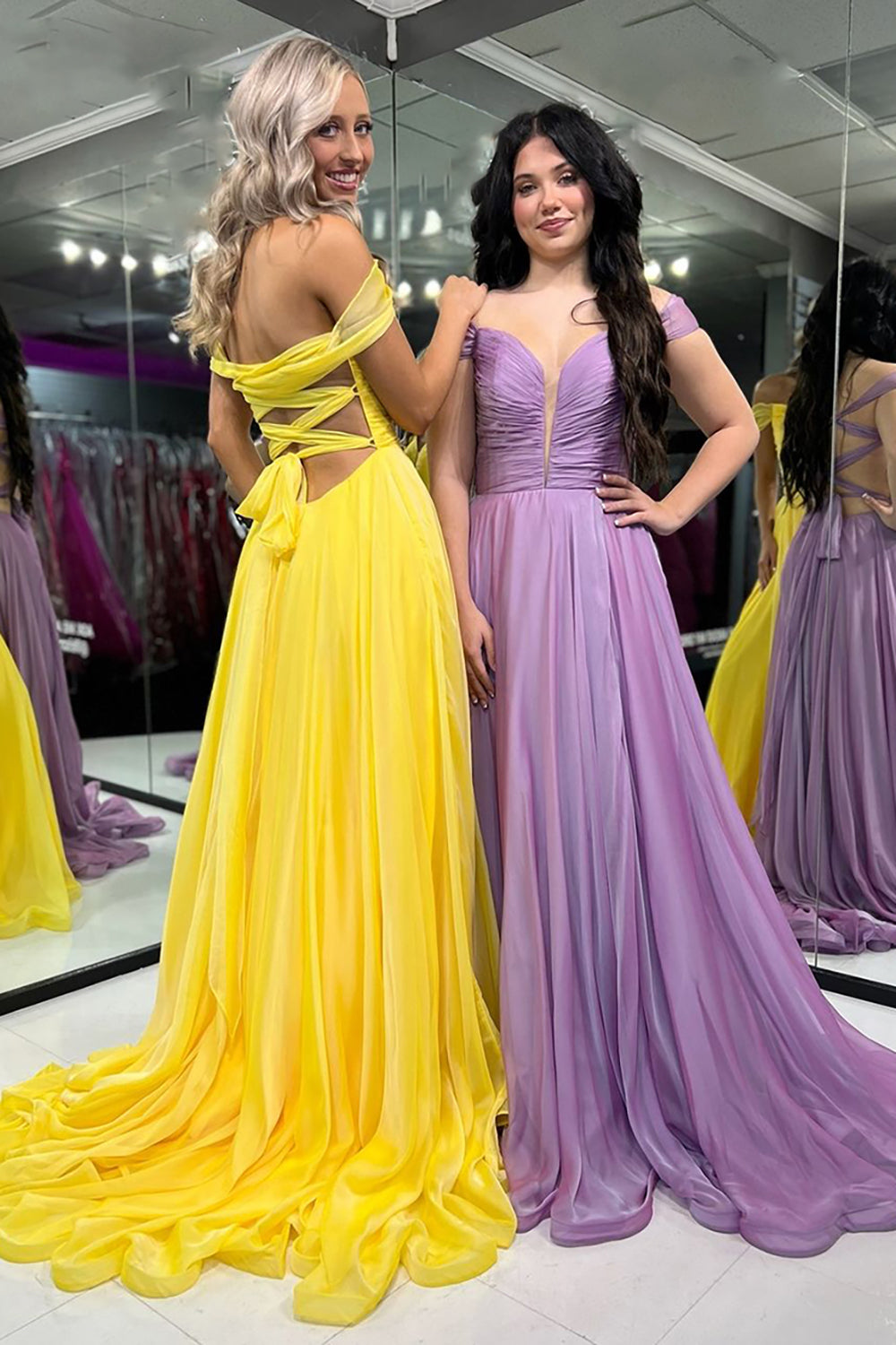 Long A-Line Prom Dress with Ruched Off-Shoulder Design in Yellow