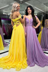 Long A-Line Prom Dress with Ruched Off-Shoulder Design in Yellow