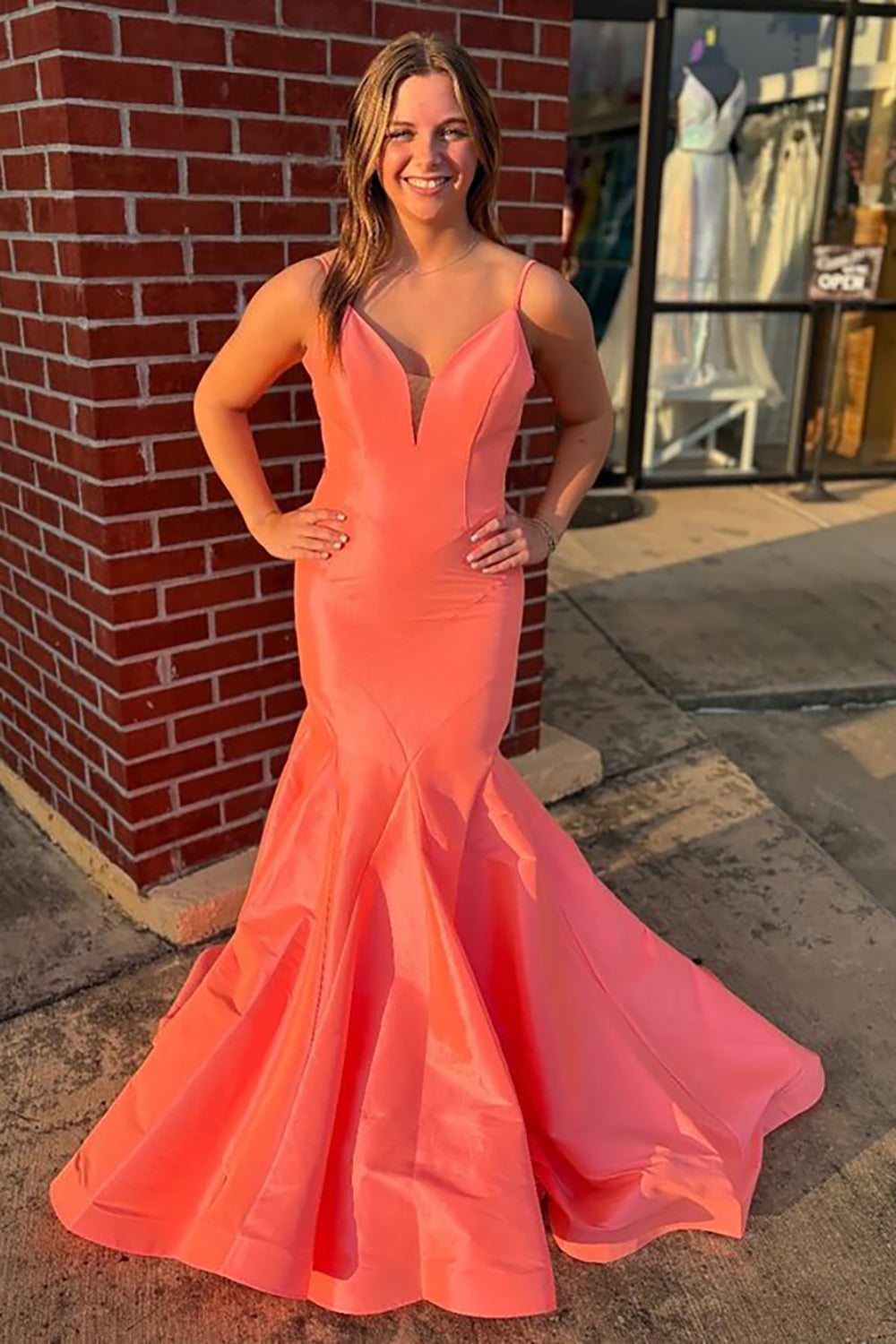 Long Satin Mermaid Prom Dress in Orange with Spaghetti Straps and Open Back