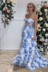 Sweetheart A-Line Corset Prom Dress in Blue Floral Printed Chiffon with Tiered Design