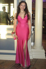 Long Satin Mermaid Prom Dress with Fuchsia Spaghetti Straps and Appliques