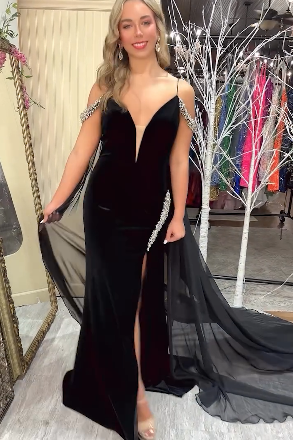 Cold Shoulder Black Mermaid Prom Dress with Caped Spaghetti Straps and Beading
