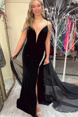 Cold Shoulder Black Mermaid Prom Dress with Caped Spaghetti Straps and Beading