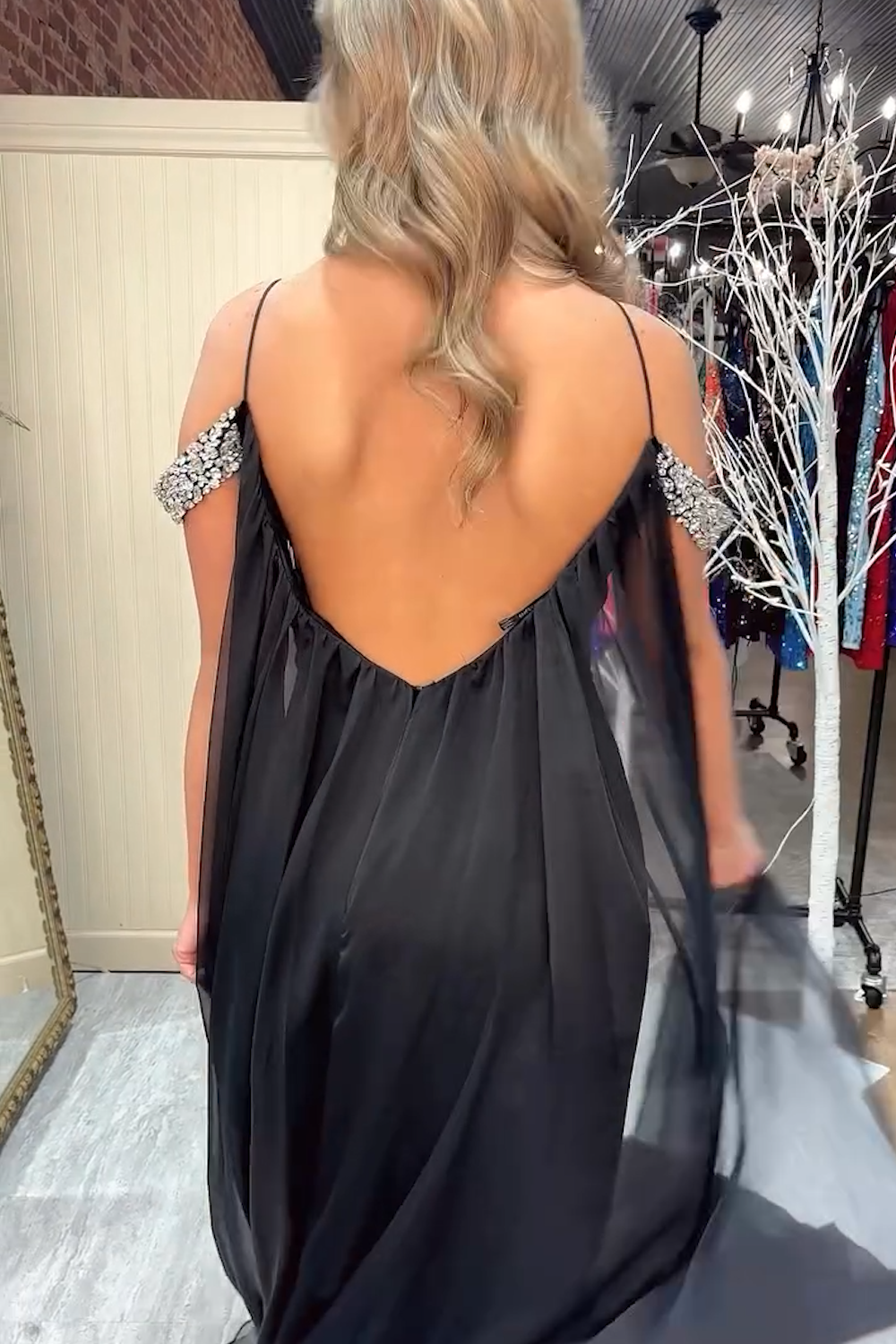 Cold Shoulder Black Mermaid Prom Dress with Caped Spaghetti Straps and Beading