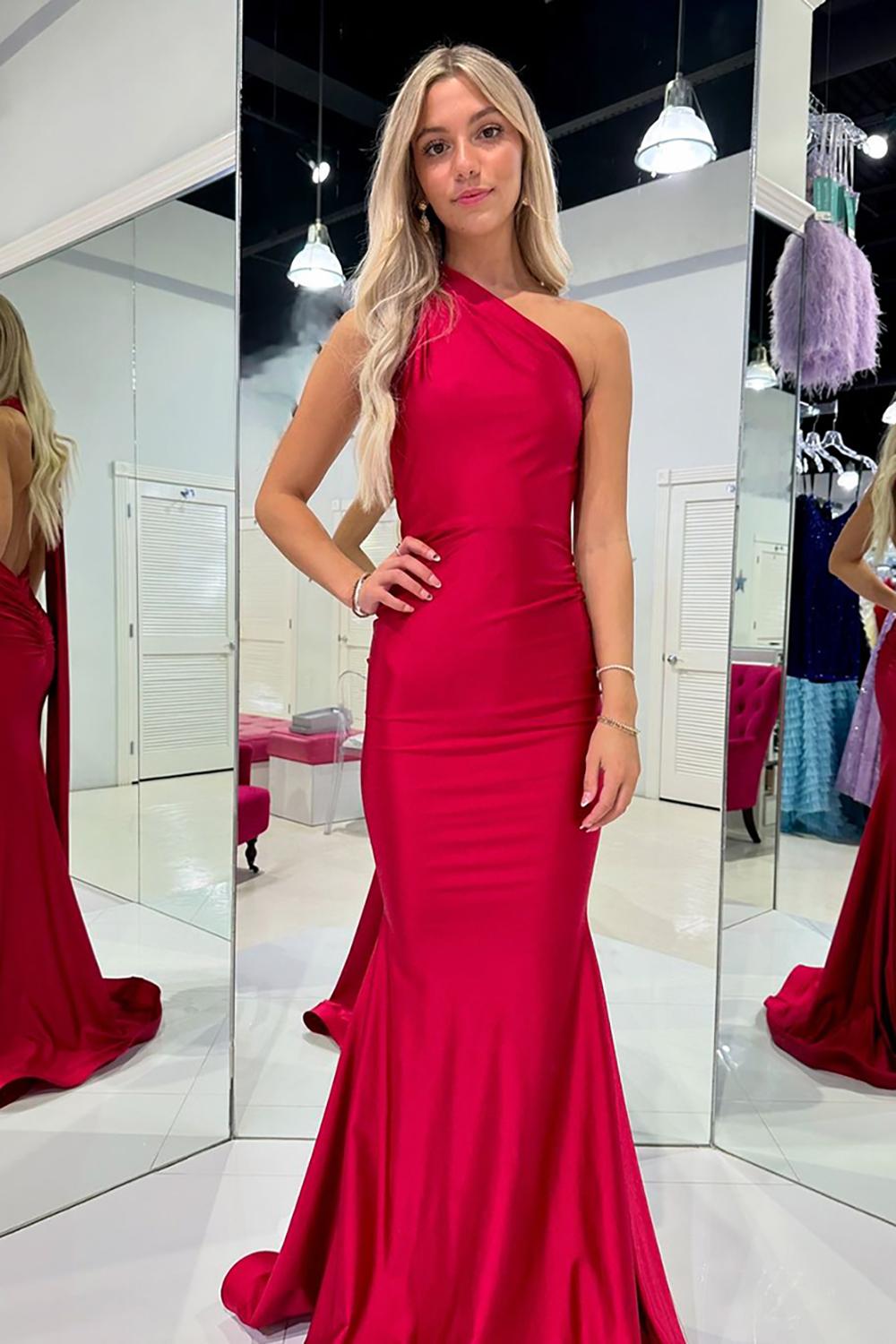 Long Red Satin Mermaid Prom Dress with One Shoulder and Open Back